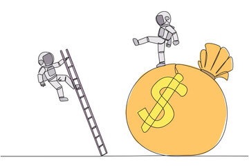 Single one line drawing astronaut kicks opponent who is climbing the money bag with a ladder. Cheated by a business partner. Unprofitable business. Rival. Continuous line design graphic illustration