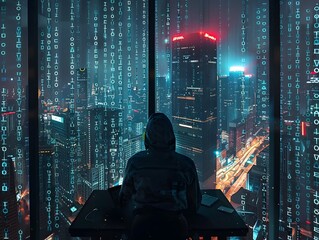 Hacker Overlooking Futuristic Cityscape from High Rise Window Cybersecurity and Technology Concept