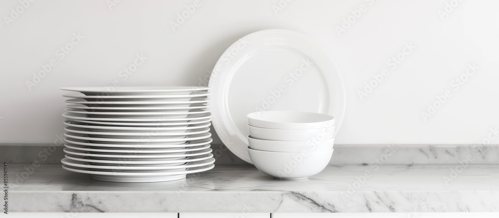 Poster set of dinner plates in modern, white kitchen . copy space image. place for adding text and design