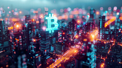 Obraz premium Blockchain technology in a neon-lit cityscape cyberpunk style 