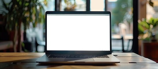 laptop computer showing blank screen on work table. Copy space image. Place for adding text and design