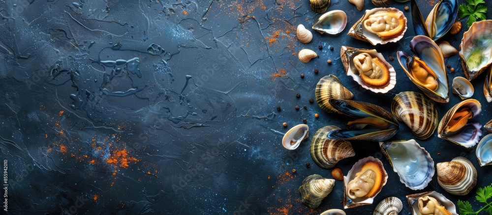 Poster seafood. prepared shellfish. mediterranean. copy space image. place for adding text or design