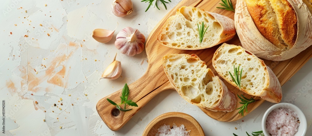 Poster fresh bread and garlic on a cutting board closeup on a pastel background. copy space image. place fo