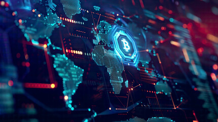 Blockchain technology on a futuristic HUD interface world map and peer-to-peer network global cryptocurrency business bannerluminous digital elements 