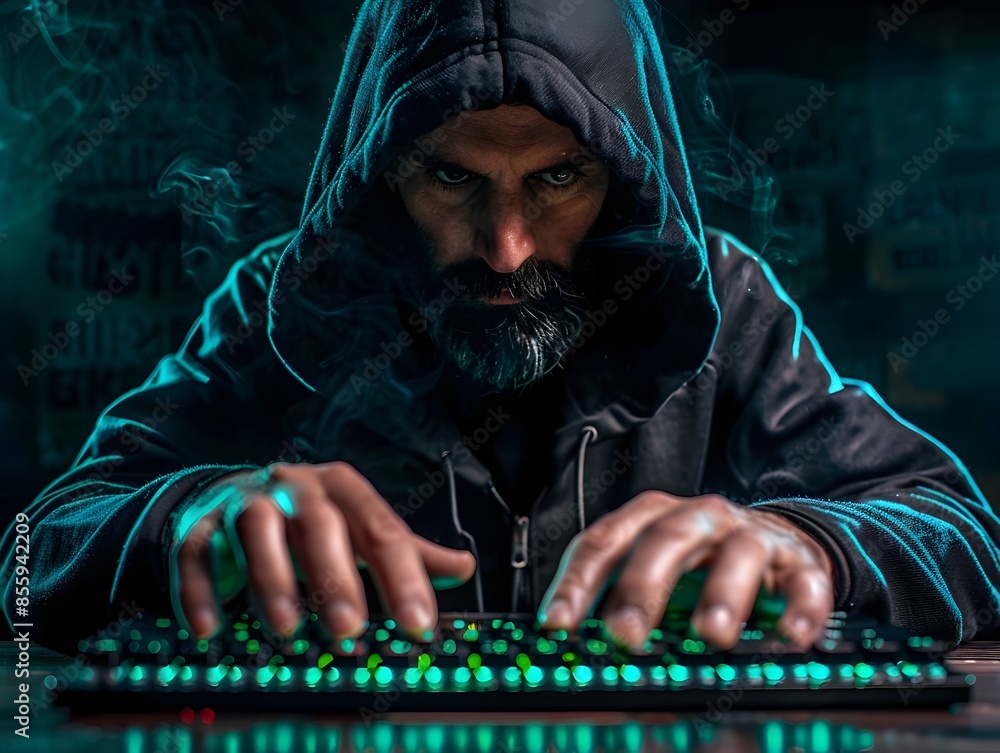 Poster hooded hacker typing rapidly on keyboard with green text and black screens hacker concept