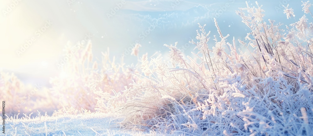 Poster dry grass covered in frost with a view on a winter landscape pastel background. copy space image. pl