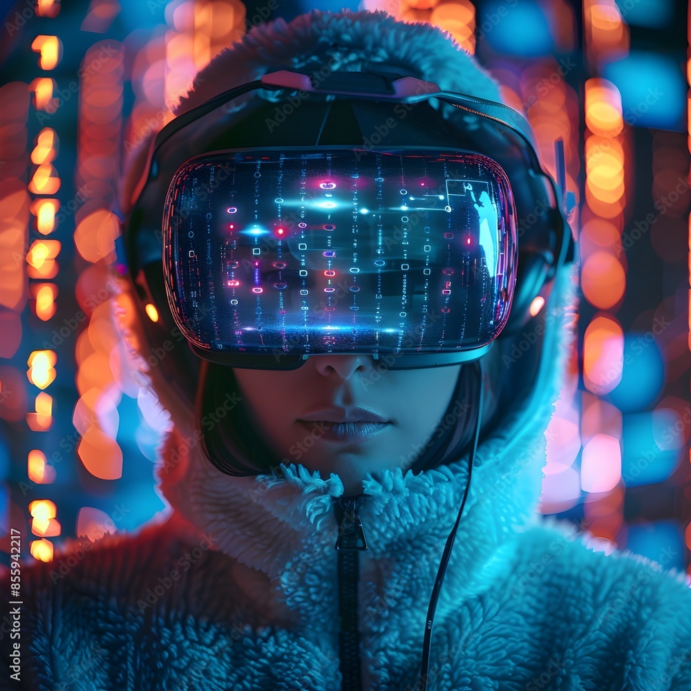 Poster female hacker immersed in virtual hacking environment with vr headset futuristic concept