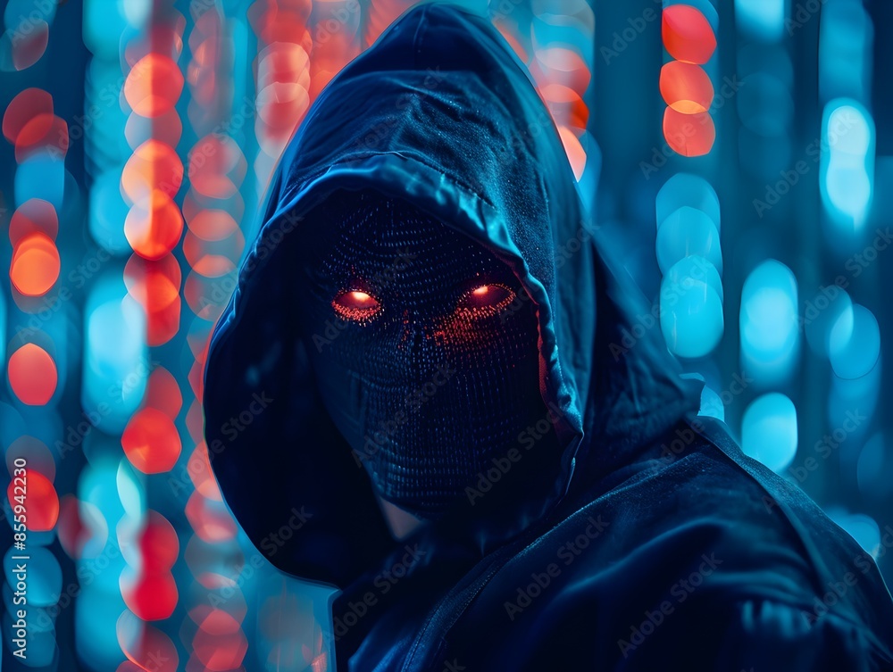 Poster hooded hacker in enigmatic digital landscape with mysterious lighting and atmosphere