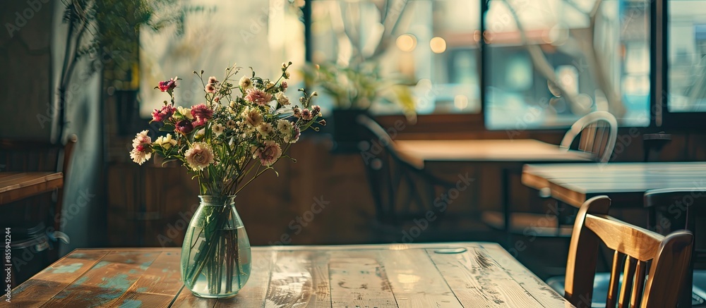 Poster some artificial flower in a vase on wooden table near some chair and window at a coffee shop in old 