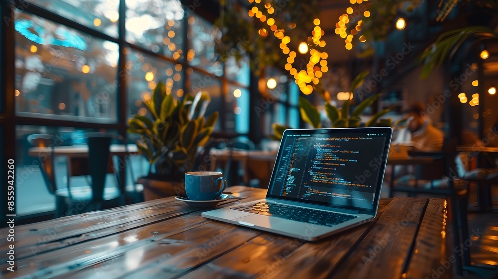 Poster hacker coding on laptop in illuminated coffee shop workspace
