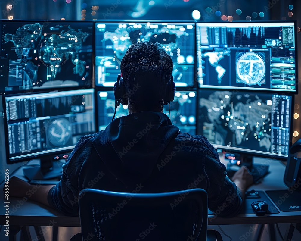 Aufkleber hacker monitoring multiple security systems and data breaches on digital screens