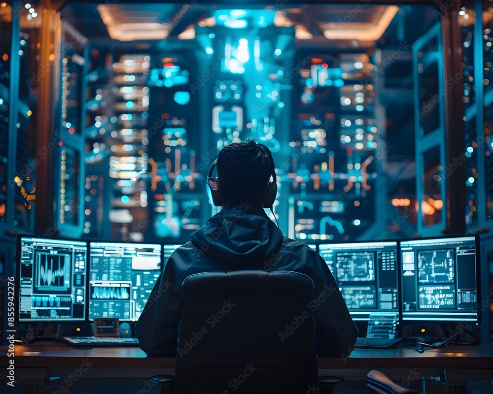 Poster hacker monitoring digital security systems and data breaches on multiple screens