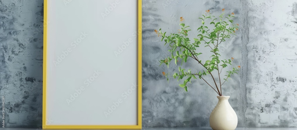 Poster yellow frame mockup and vase with fresh green branches on gray wall. copy space image. place for add