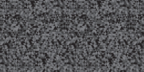 Abstract geometric black and gray background seamless mosaic and low polygon triangle texture wallpaper. Triangle shape retro wall grid pattern geometric ornament tile vector square element.