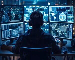 Hacker Monitoring Multiple Security Systems and Data Breaches on Digital Screens