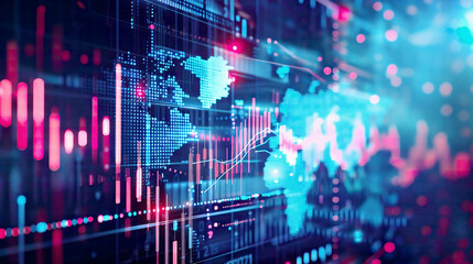 Obraz premium Business and economic growth on a global business network data analysis of financial and banking sectors stock market trends AI technology data connections security blockchain and networking