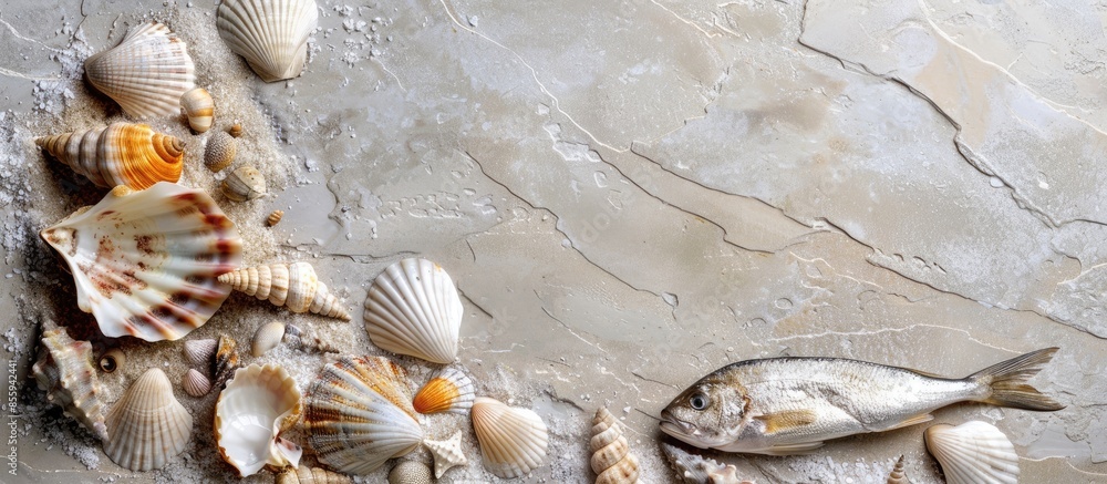 Poster dead dried fishes and seashells. copy space image. place for adding text and design