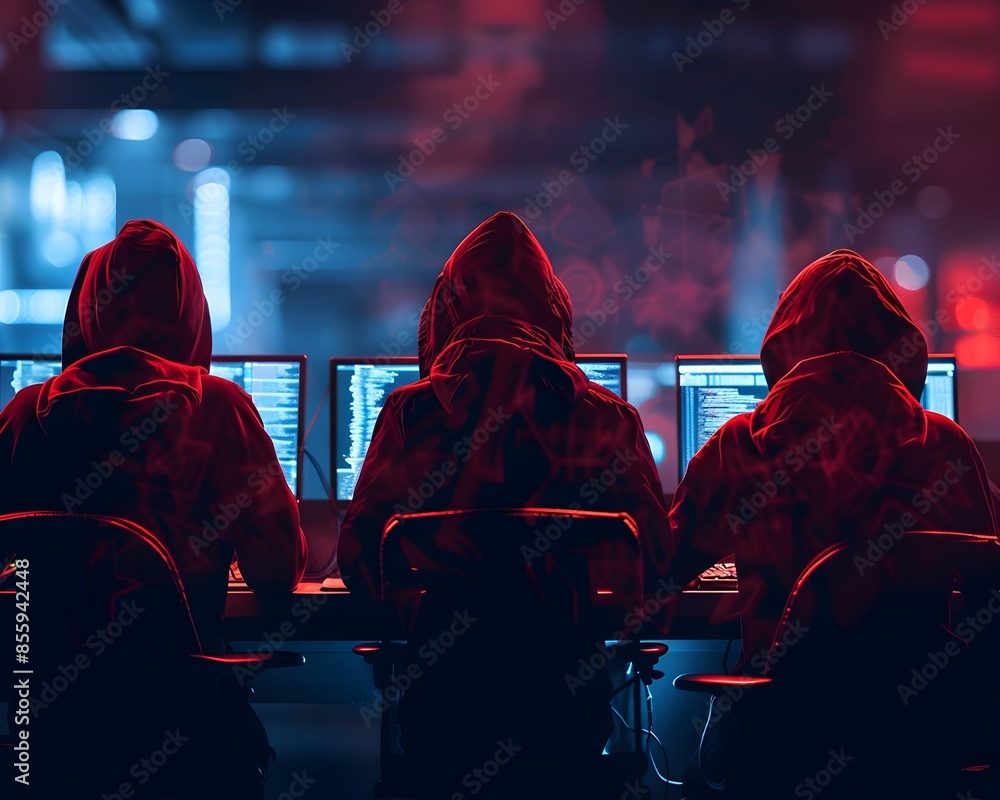 Poster group of hooded figures collaborating on a hacker project in a dark and technological setting