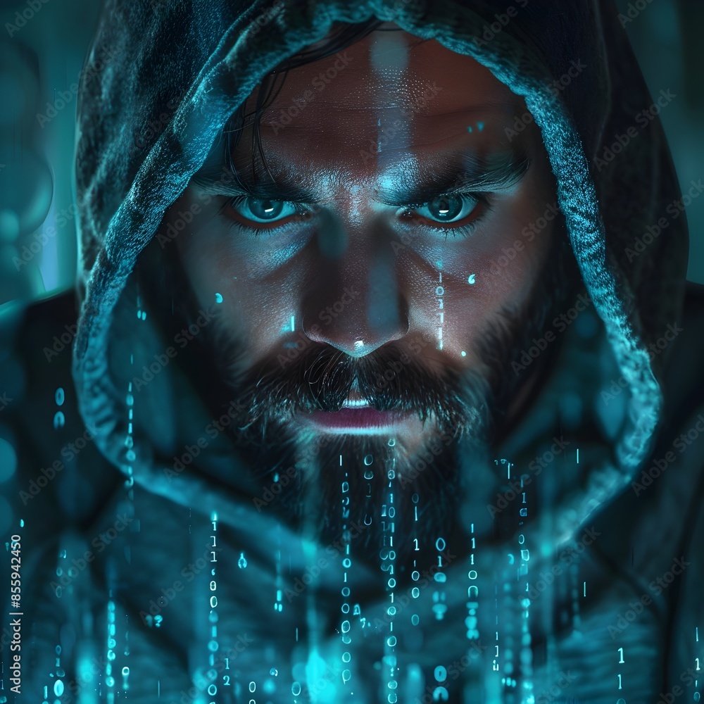 Poster hacker developing malicious software in intense digital environment