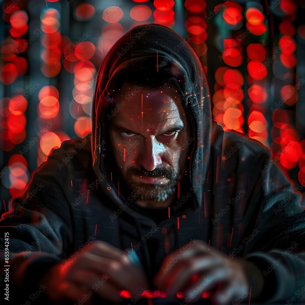 Poster hacker developing malware in intense glow of red lighting