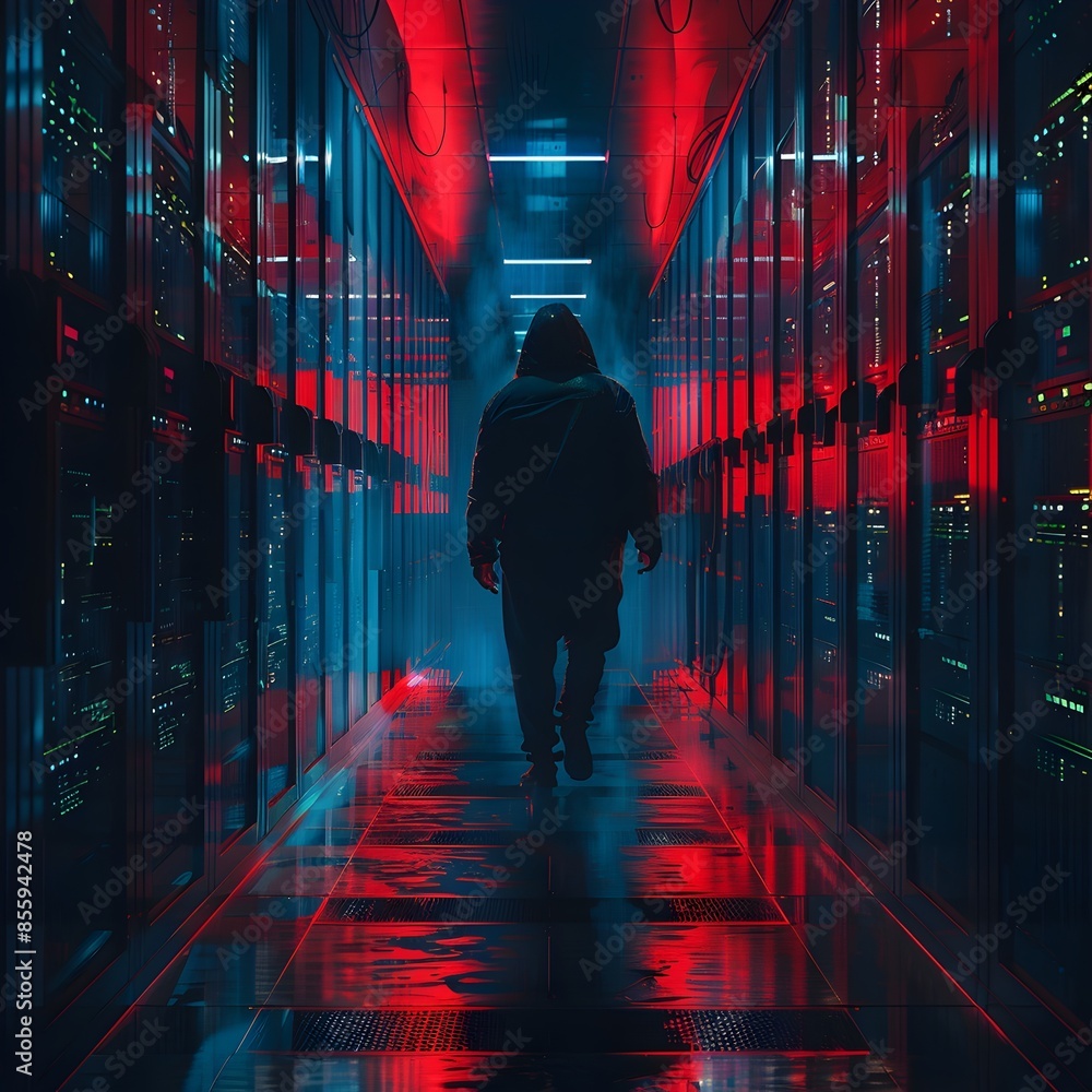 Poster hacker infiltrating a corporate server in a futuristic clandestine cyber breach