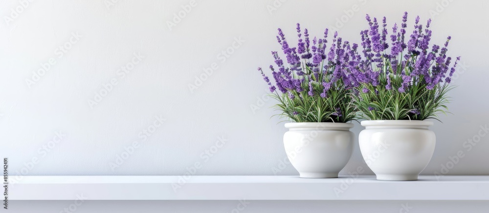 Poster decorative lavender in a white flowerpot on the shelf. copy space image. place for adding text and d