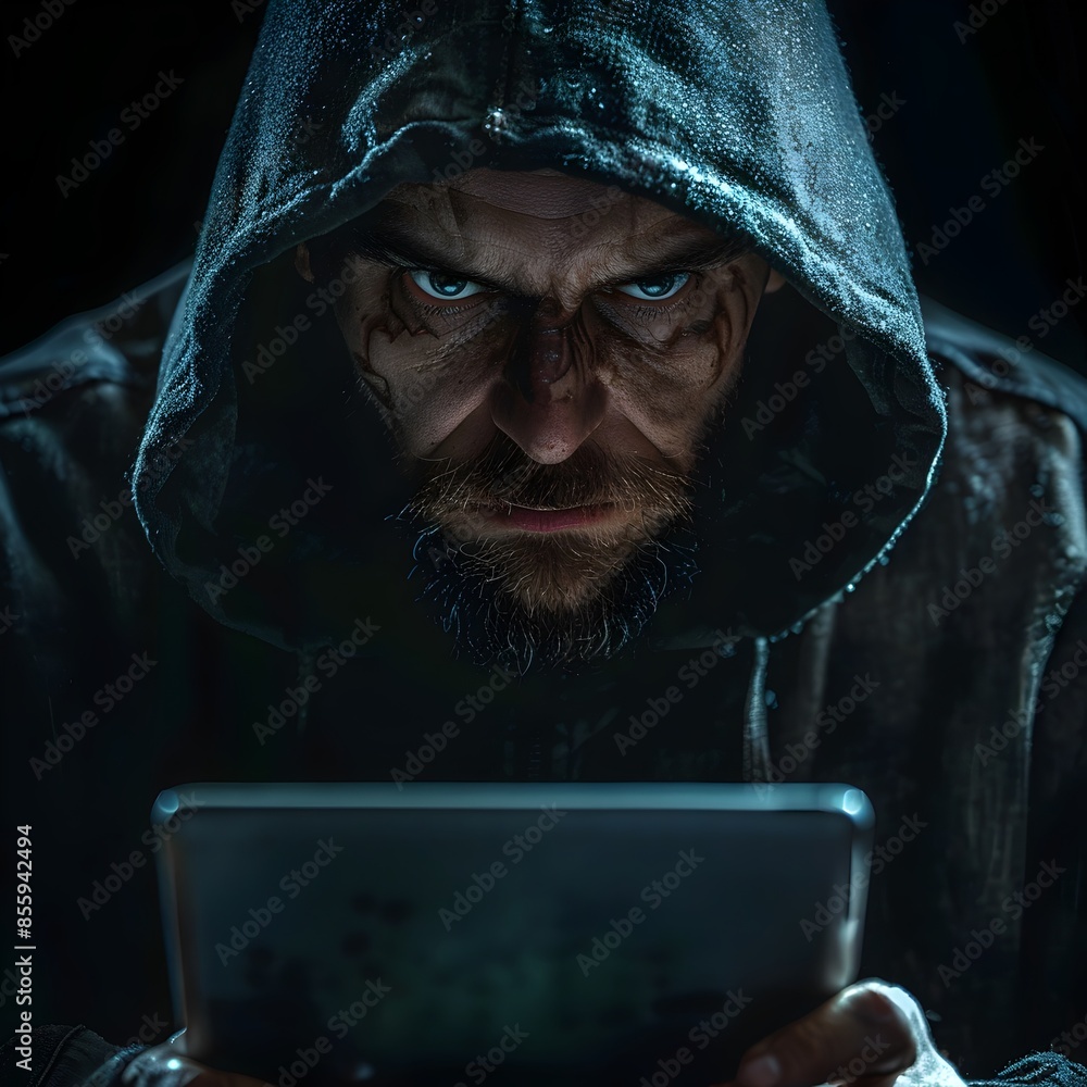 Aufkleber hooded hacker engrossed in developing malware in intense digital environment