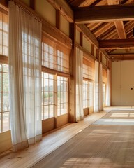 Obraz premium Shoji screens and wooden beams in a minimalist room, bamboo flooring, creating a calm and serene environment, side view, elegant traditional space, scifi tone, Triadic Color Scheme