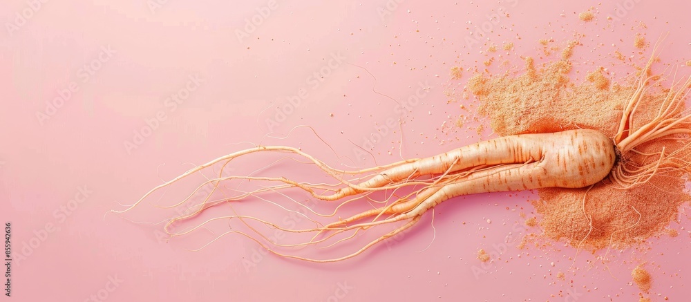 Poster closeup ginseng root ,isolate on pastel background vitality. copy space image. place for adding text