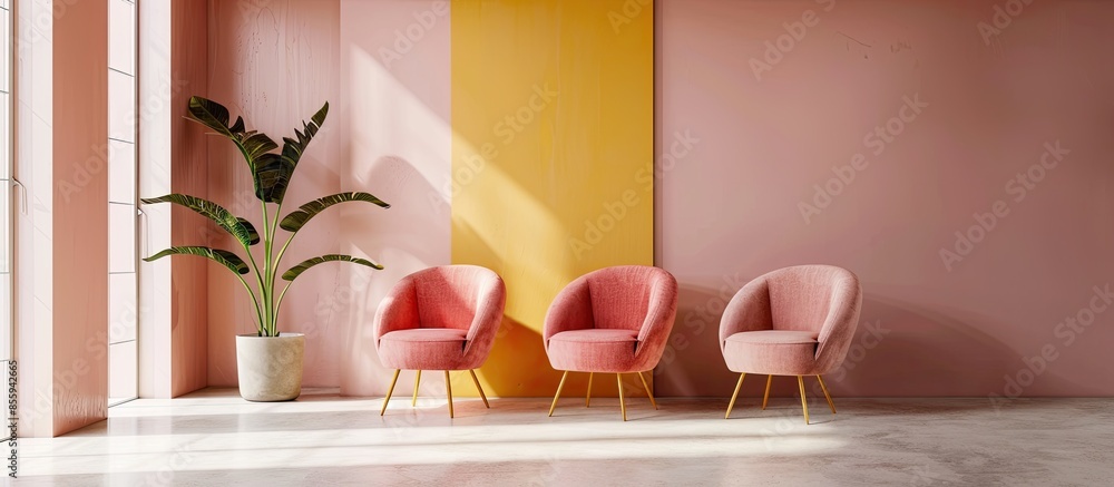 Poster set of trendy armchairs in minimalist interiors of room. copy space image. place for adding text and