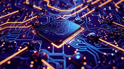 Chain in the form of a PC circuit board with a CPU representing blockchain technology blue futuristic background hyper-realisticglowing elements 