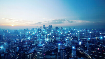 Naklejka premium Cityscape with telecommunication network wireless mobile internet for smart grid 5G LTE data connection IoT global business fintech blockchainfuturistic elements 