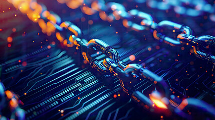 Chain in the form of a PC circuit board with a CPU representing blockchain technology blue futuristic background hyper-realisticglowing elements 