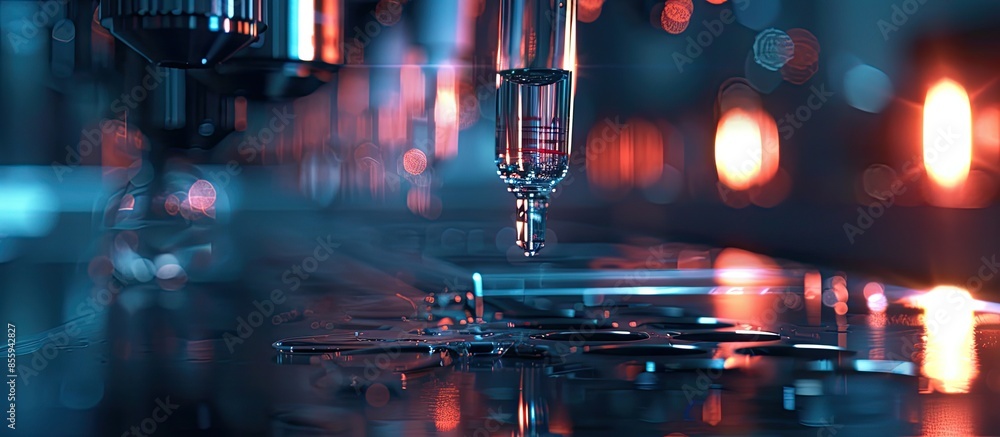 Poster dripping liquid from pipette into test tube in laboratory, closeup. copy space image. place for addi