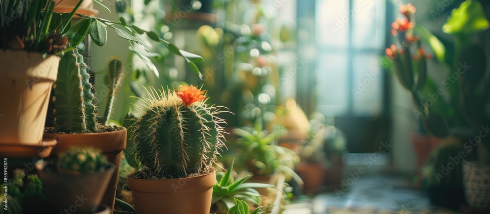 Aufkleber cactus plant grown in a small part of the house as a hobby. home garden concept. copy space image. p