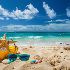 beach with equipment hat and sunglasses