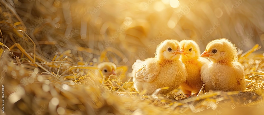 Poster little chickens in a farm. copy space image. place for adding text or design