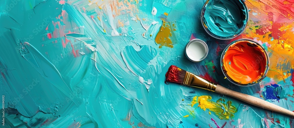 Poster paint bucket with paint brush, palette color and paint can. copy space image. place for adding text 