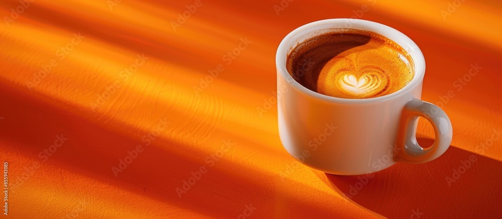 Poster espresso coffee white cup on table with orange lighting. copy space image. place for adding text and