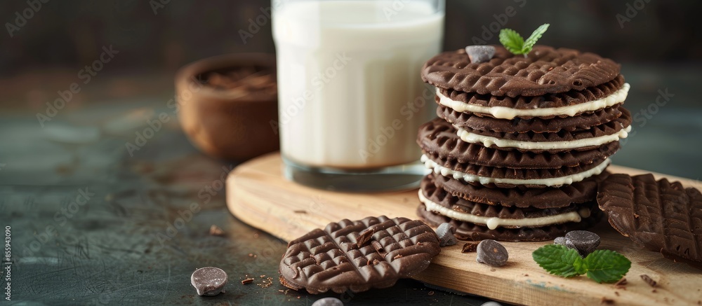 Poster chocolate waffers with vanilla filling and a glass of milk. copy space image. place for adding text 