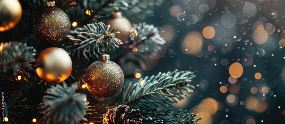 Poster ornaments on the christmas tree. suitable for new year theme. copy space image. place for adding tex