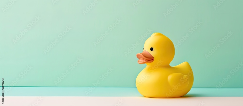 Poster yellow rubber duck toy isolated on pastel background. copy space image. place for adding text and de