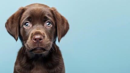 Fototapeta premium Cheerful chocolate Labrador puppy on light blue background