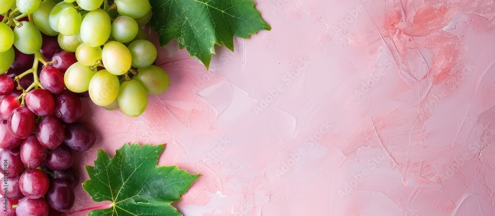 Poster branches of red and green grapes pastel background food. copy space image. place for adding text and