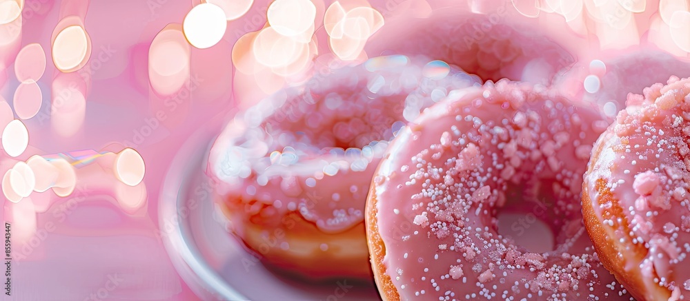 Aufkleber a closeup of donuts ion a tray under the lights with a blurry background pastel background. copy spa