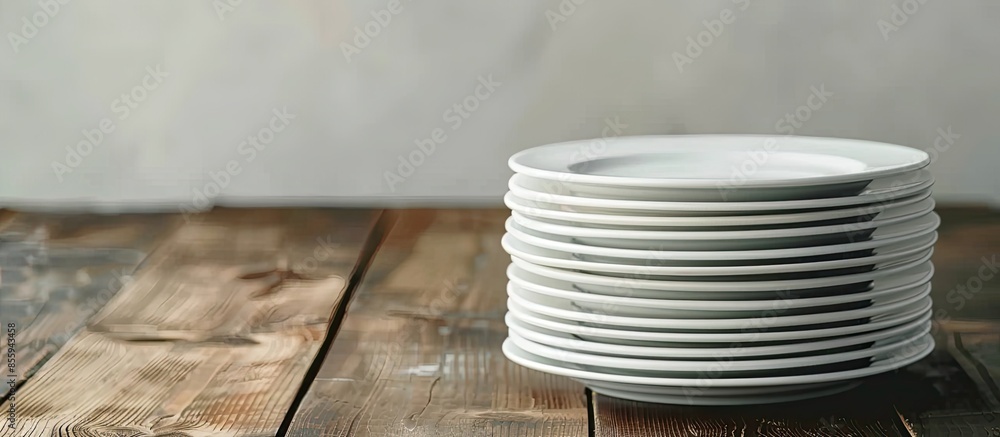 Poster clean white plates stacked on the table. copy space image. place for adding text and design