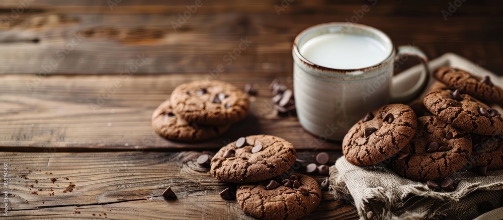 Poster chocolate biscuits served with milk at home. copy space image. place for adding text and design