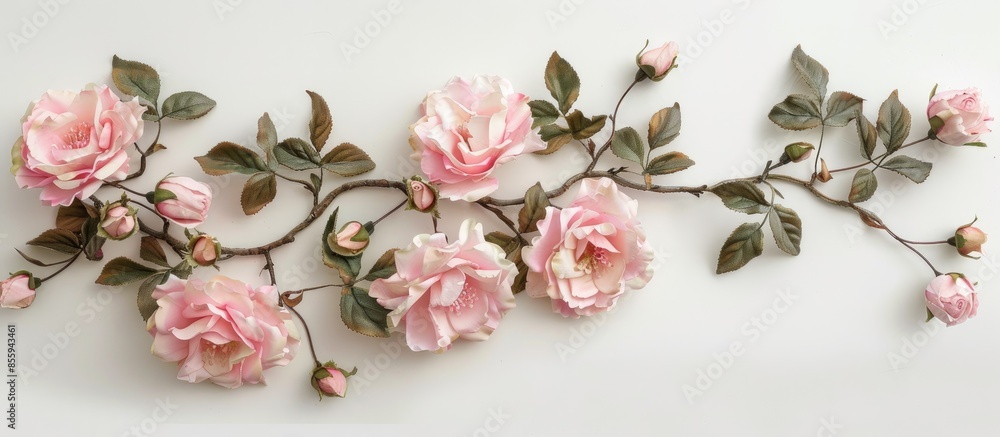 Sticker Pink roses and buds on a white background. Artificial flowers in interior. Copy space image. Place for adding text and design