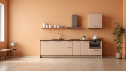 Interior home of modern kitchen corner on orange wall copy space