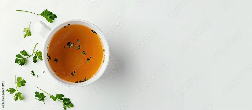 Poster cup of fresh chicken bouillon on white background, top view. copy space image. place for adding text